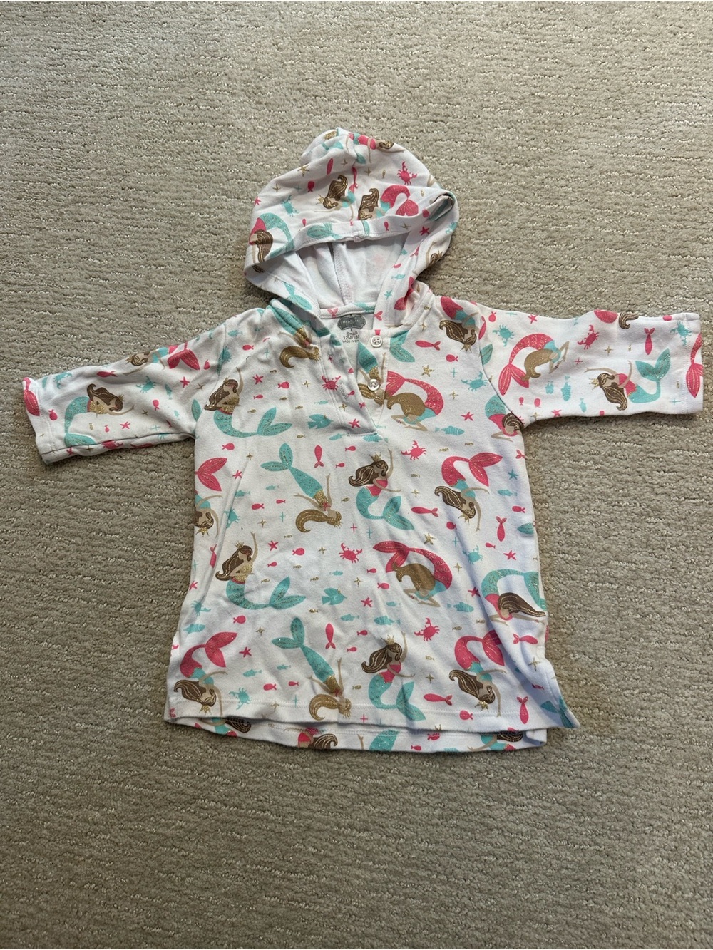 Mud Pie Hooded Swim Coverup in White with Pink & Teal Mermaid Print